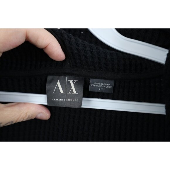 Armani Exchange Mens Large Spell Out Leather Trim Thermal Waffle Knit Hoodie - Picture 8 of 13